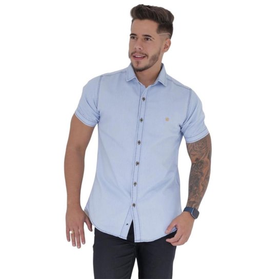 Camisa Jeans Masculina Slim Fit Manga Curta Social Premium
