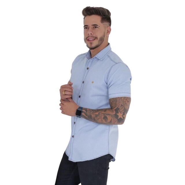 Camisa Jeans Masculina Slim Fit Manga Curta Social Premium