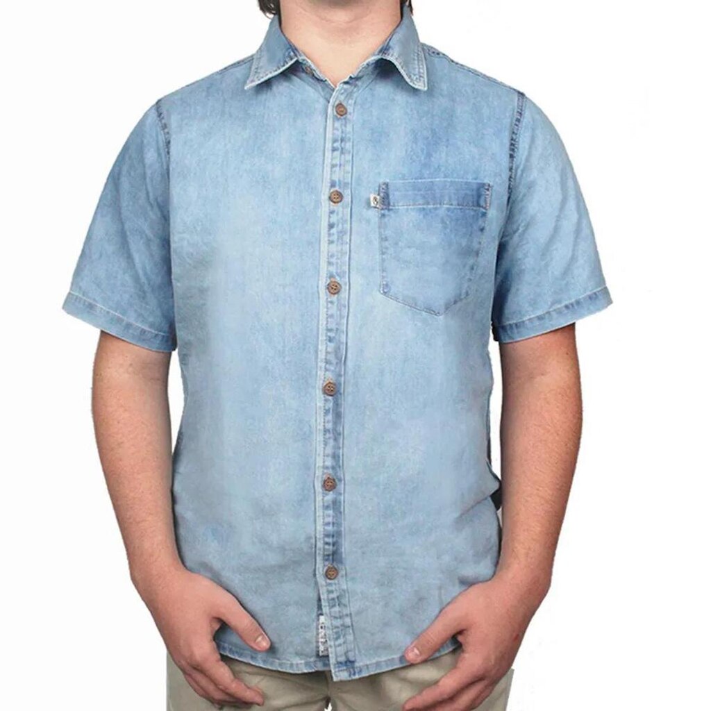 Camisa Jeans R7Jeans Masculina Manga Curta Lavagem Sky 100% Algodão