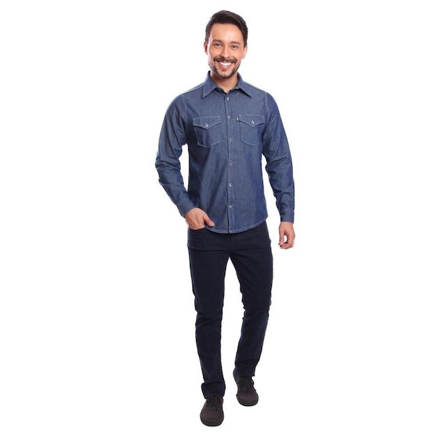 Camisa Jeans R7Jeans Masculina Modelo Slim Manga Longa 100% Algodão Lavagem Stone