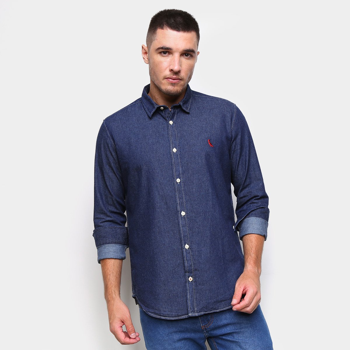 Camisa Jeans Reserva Manga Longa Masculina - Azul Escuro Menor preço em Camisa Jeans Reserva Manga Longa Masculina - Azul Escuro
