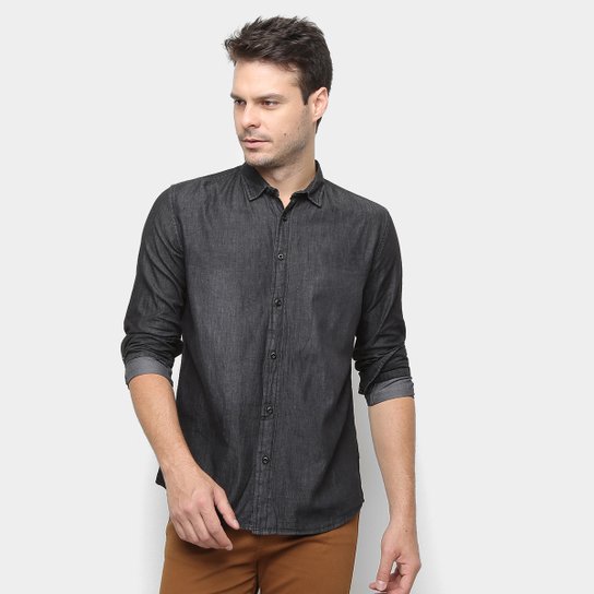 Camisa Jeans Watkins & Krown Estonada Manga Longa Masculina - Preto