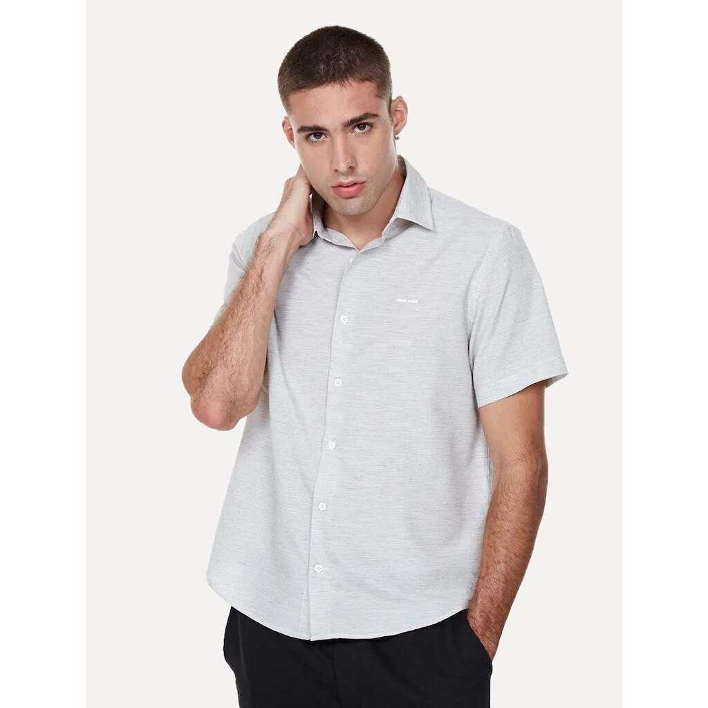 Camisa John John Masculina Manga Curta Stripes Noise Preto Branca