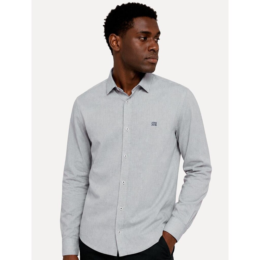 Camisa John John Masculina Regular Chambray Blue Logo Cinza Médio