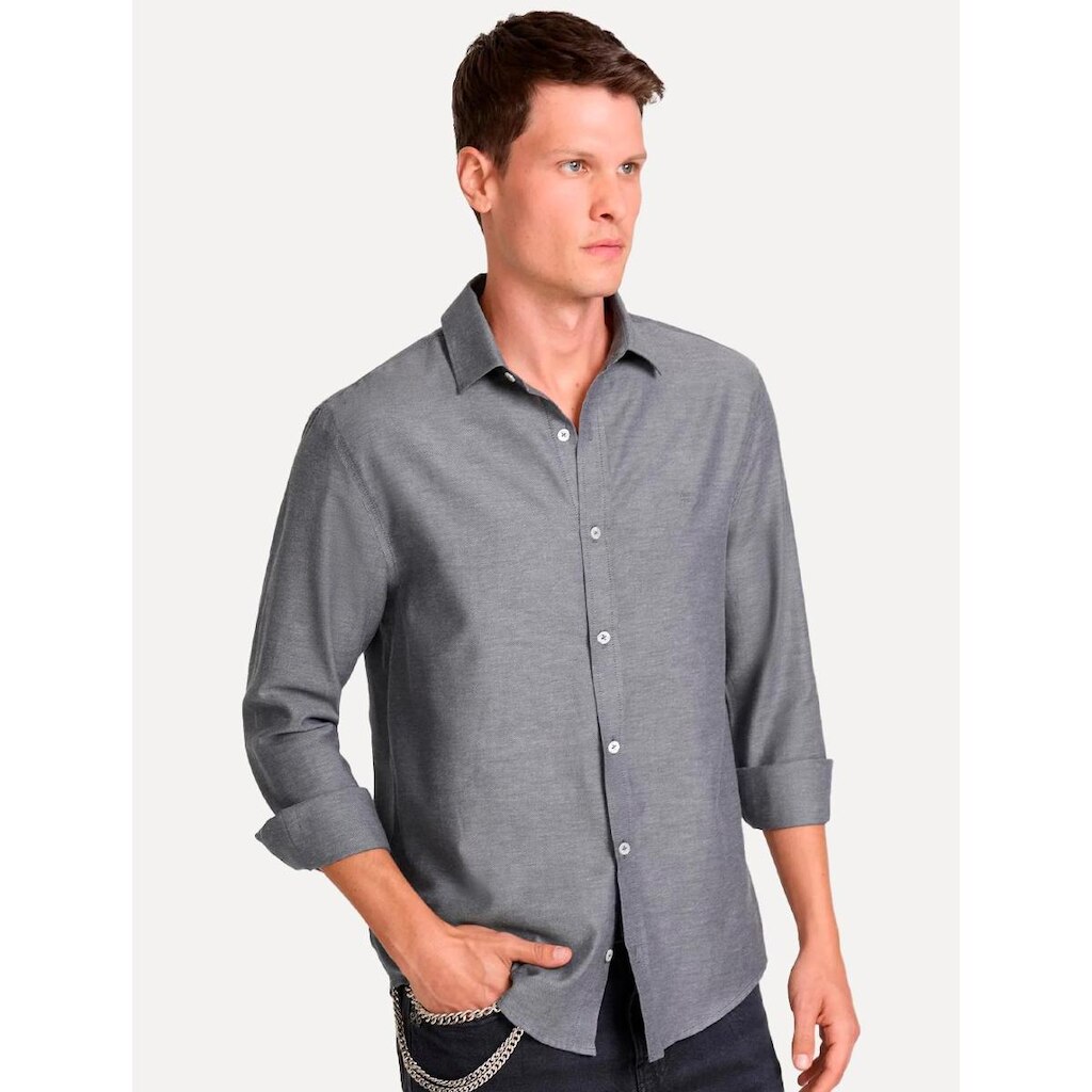 Camisa John John Masculina Regular Oxford Mono Logo Cinza Médio