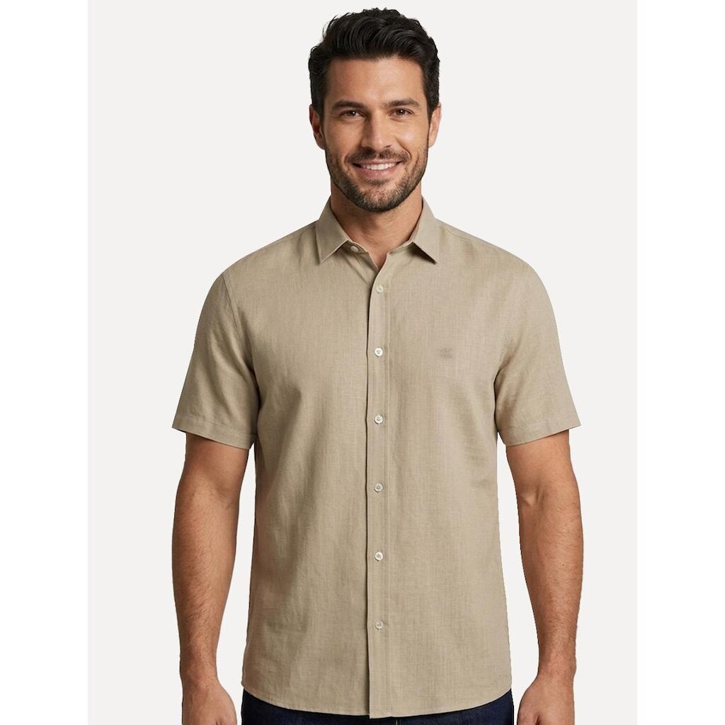Camisa John John Masculina Relaxed Manga Curta Cotton Cáqui Claro