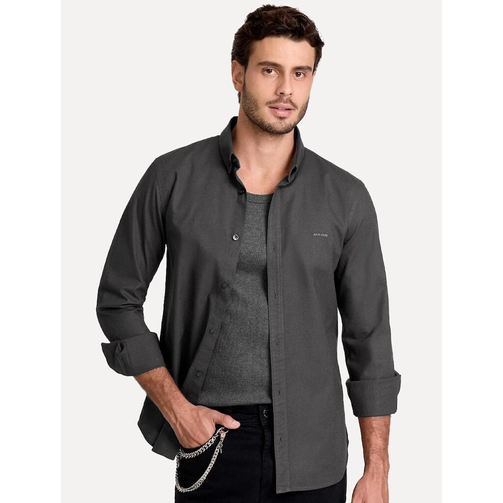 Camisa John John Masculina Slim Oxford Dark Logo Cinza Escuro