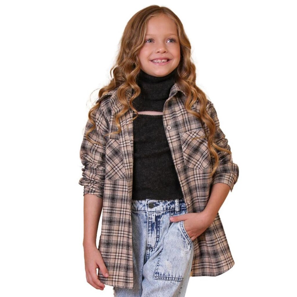Camisa Juvenil Look Jeans Alongada Xadrez Marrom - 8 - UNICA