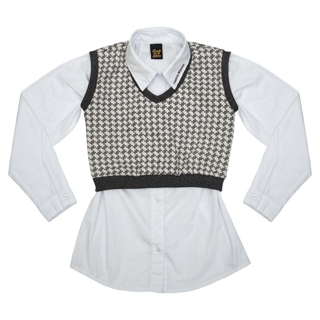 Camisa Juvenil Look Jeans Branca c/ Colete Tweed - 4 - UNICA