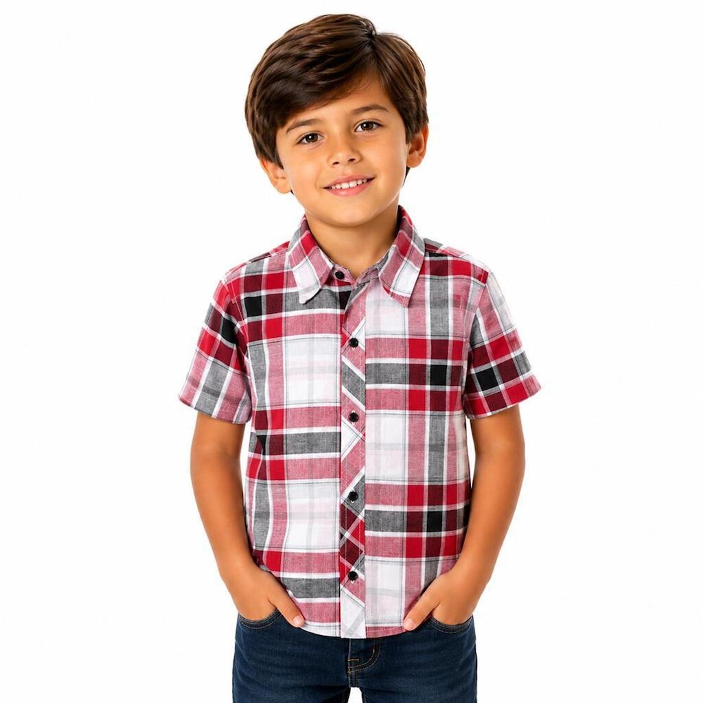 Camisa Juvenil Look Jeans Manga Curta Xadrez Azul