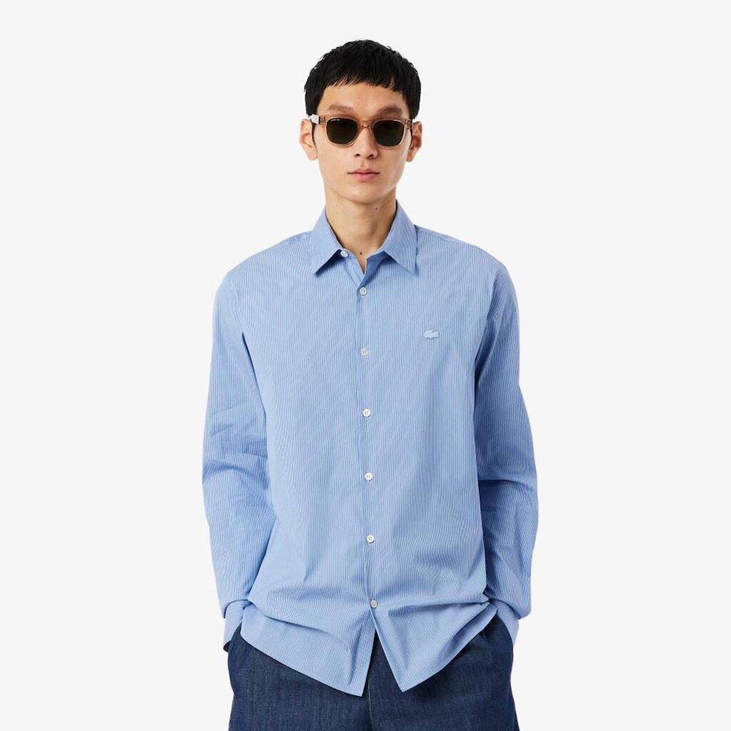 Camisa Lacoste de Popeline Stretch Listrada com Modelagem Ajustada