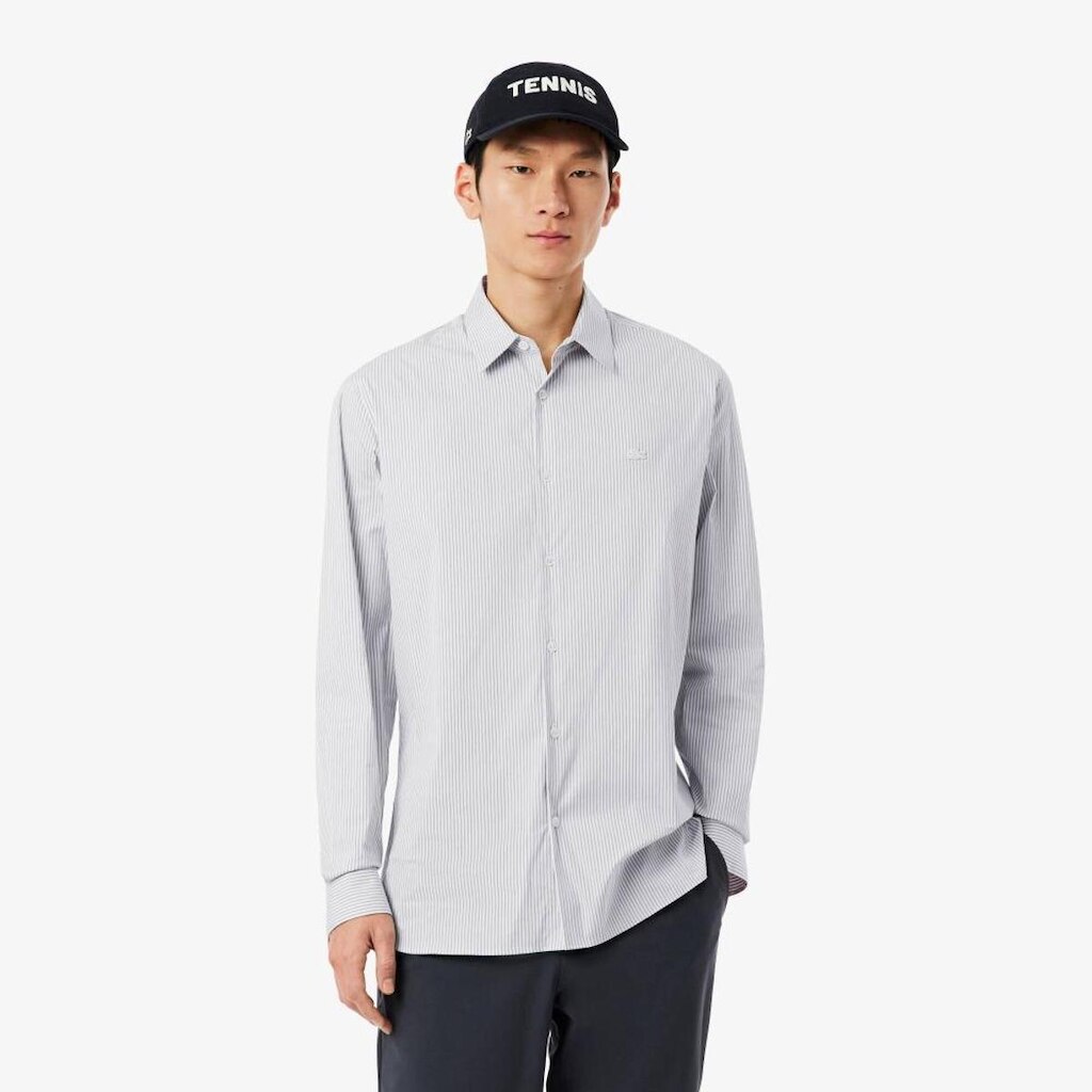 Camisa Lacoste de Popeline Stretch Listrada com Modelagem Ajustada