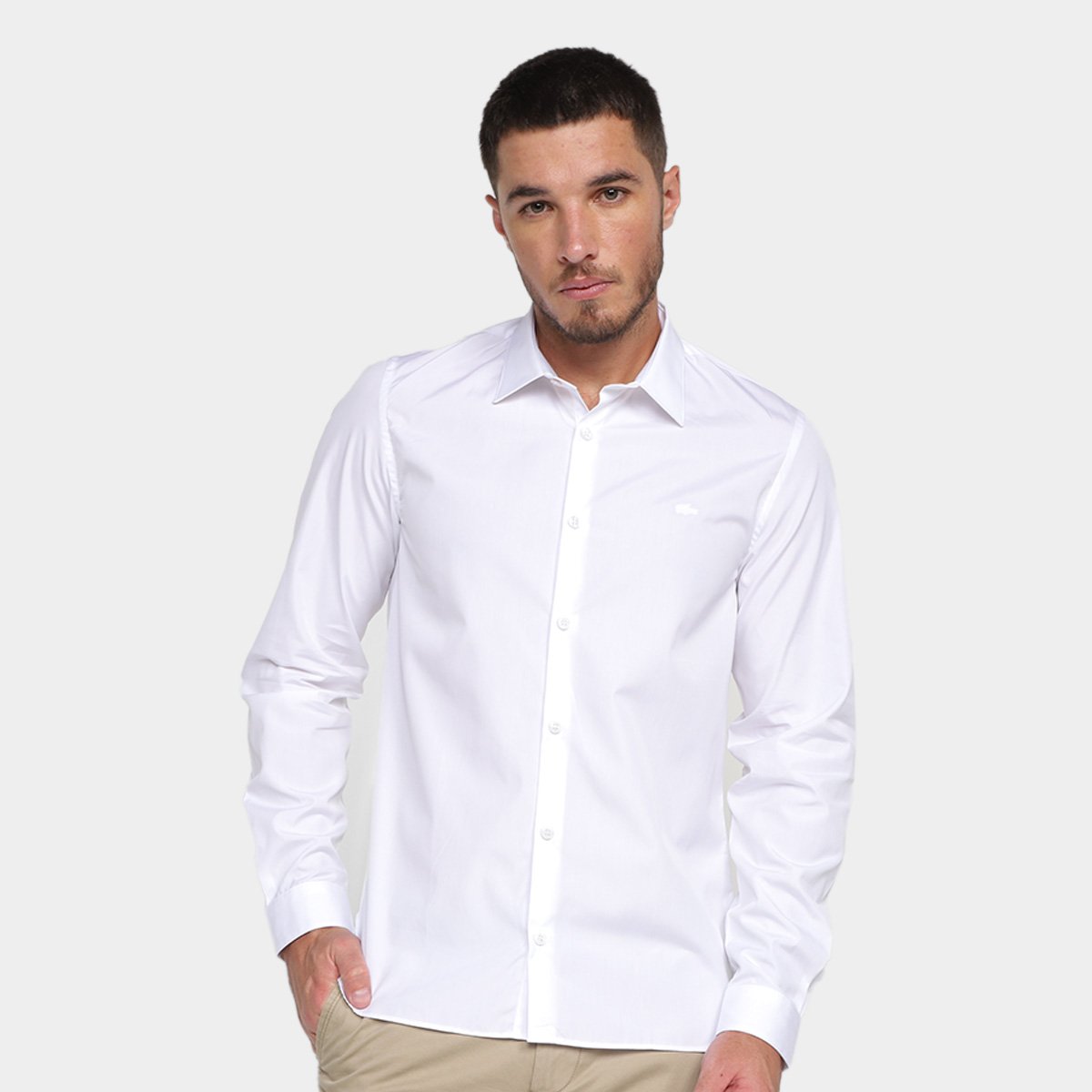 Camisa Lacoste Xadrez Manga Longa Sarja Masculina - Branco Menor preço em Camisa Lacoste Xadrez Manga Longa Sarja Masculina - Branco