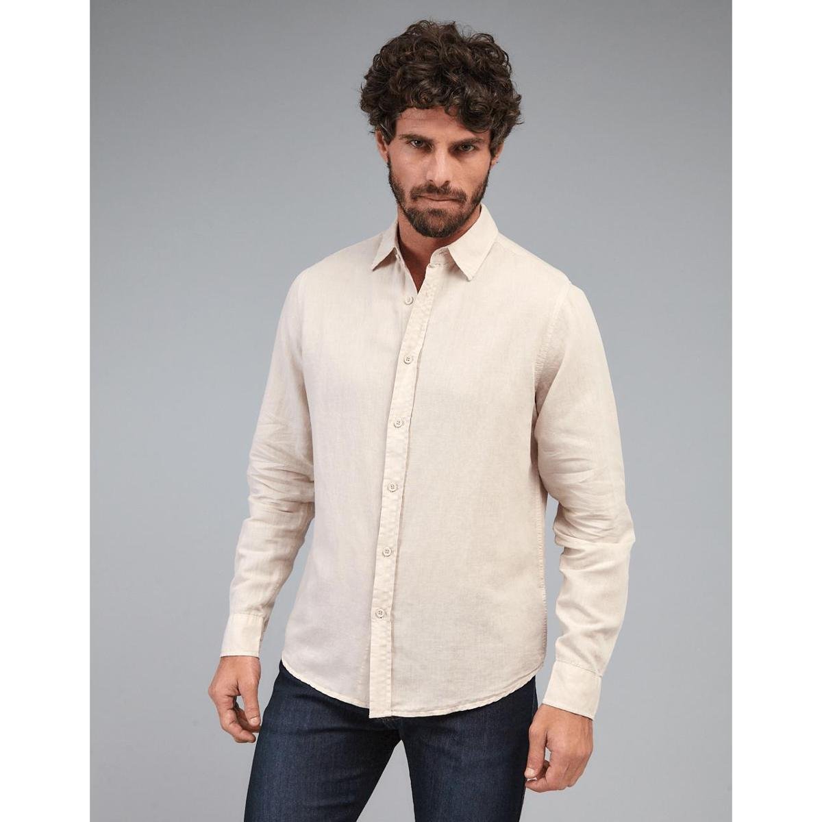 Camisa Linho Confort Masculina - Bege Menor preço em Camisa Linho Confort Masculina - Bege