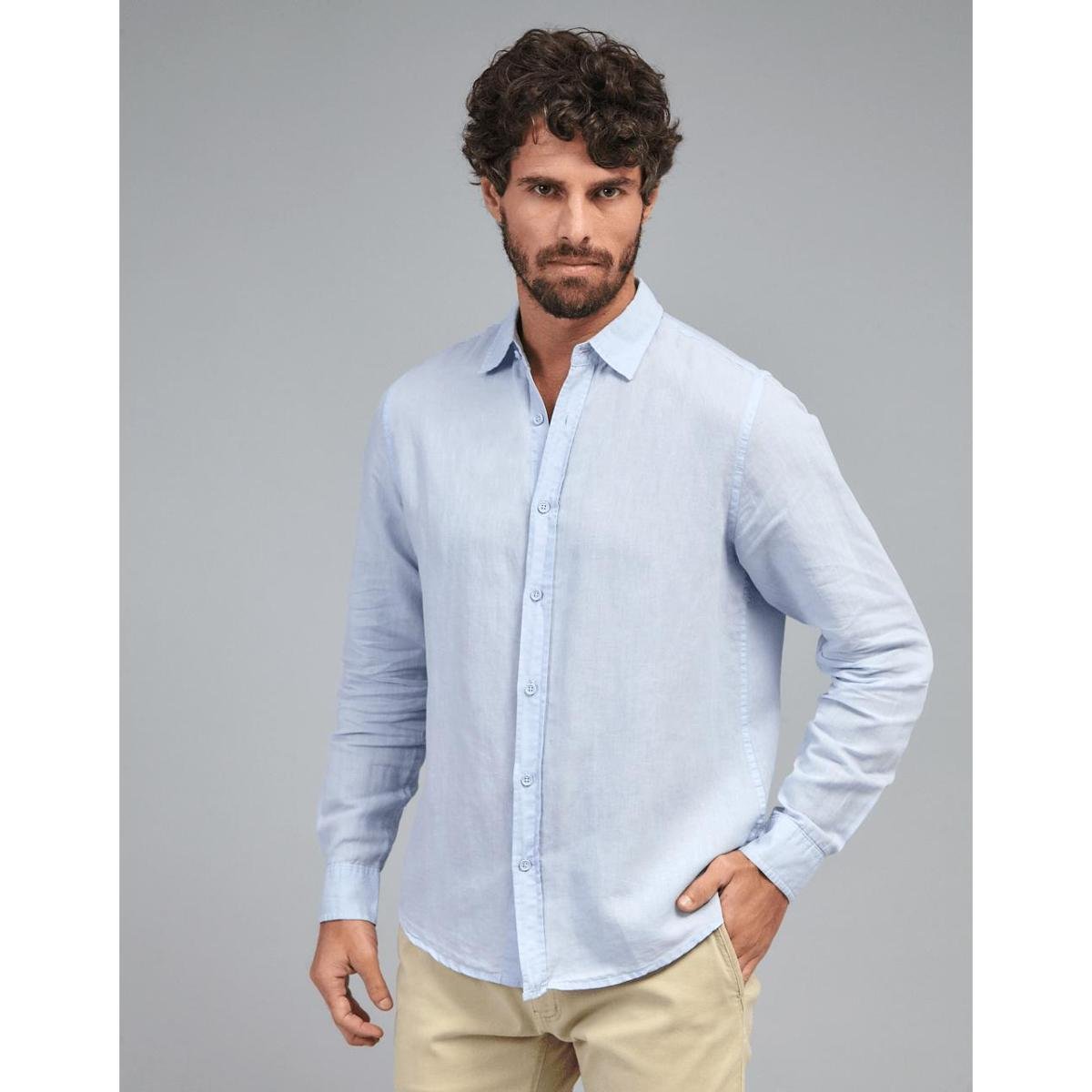 Camisa Linho Confort Masculina - Azul Menor preço em Camisa Linho Confort Masculina - Azul