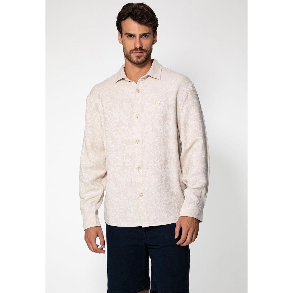 Camisa Linho Manga Longa Jacquard Bege