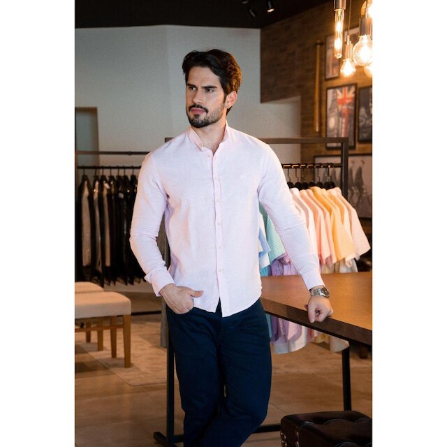 Camisa Linho Masculina Gola Padre Rosa