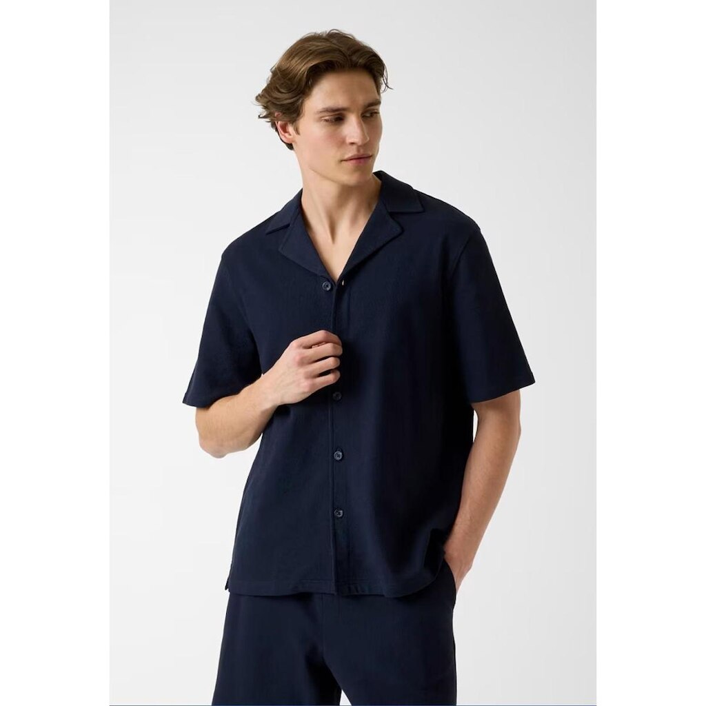 Camisa Malha Manga Curta Textura Azul Escuro