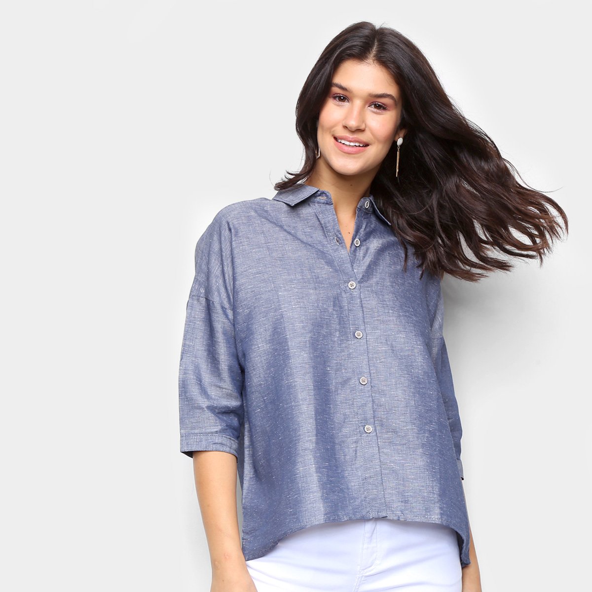 Camisa Malwee Ampla Linho Manga Curta Feminina - Marinho Menor preço em Camisa Malwee Ampla Linho Manga Curta Feminina - Marinho