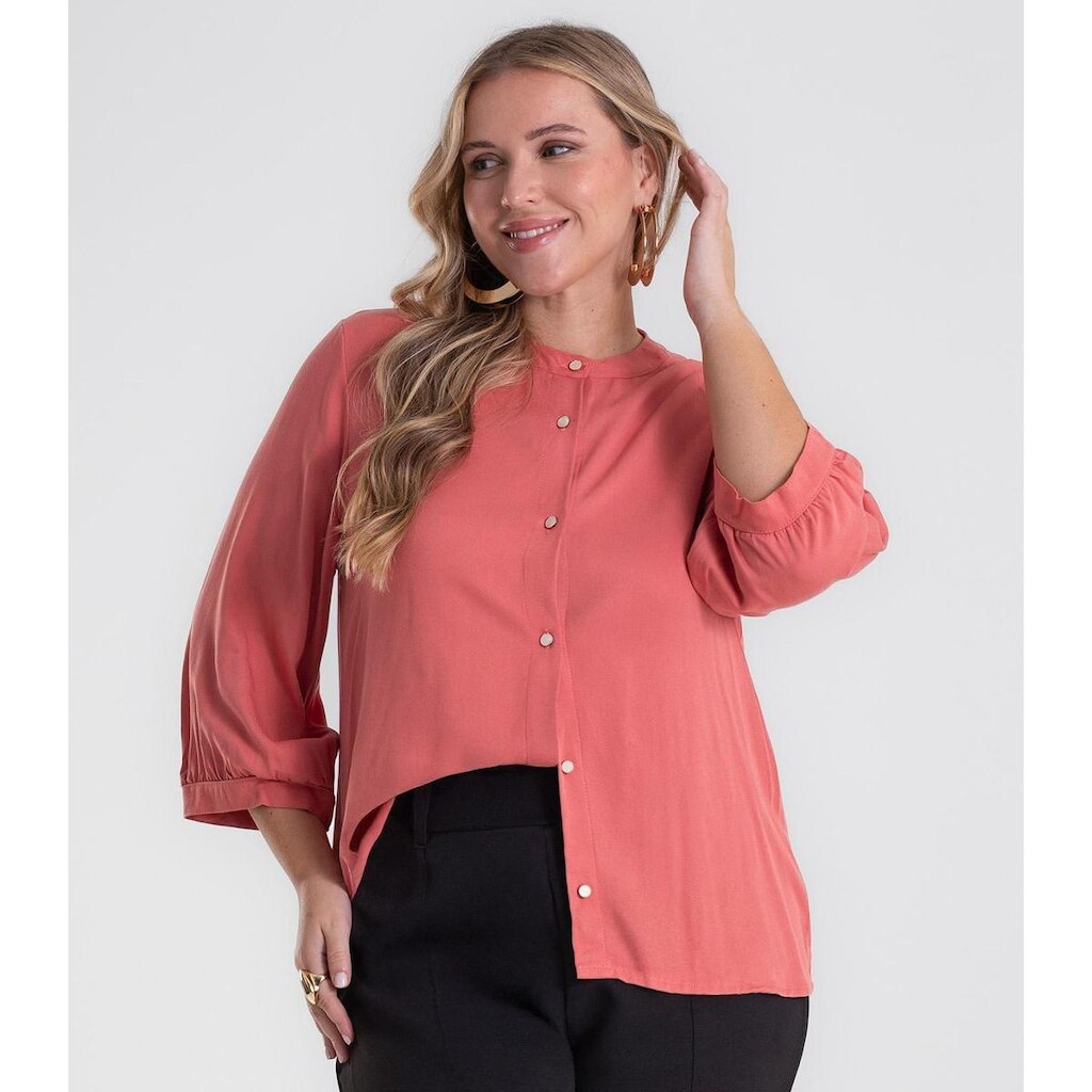 Camisa Manga 3/4 Gola Padre Plus Size Secret Glam Laranja
