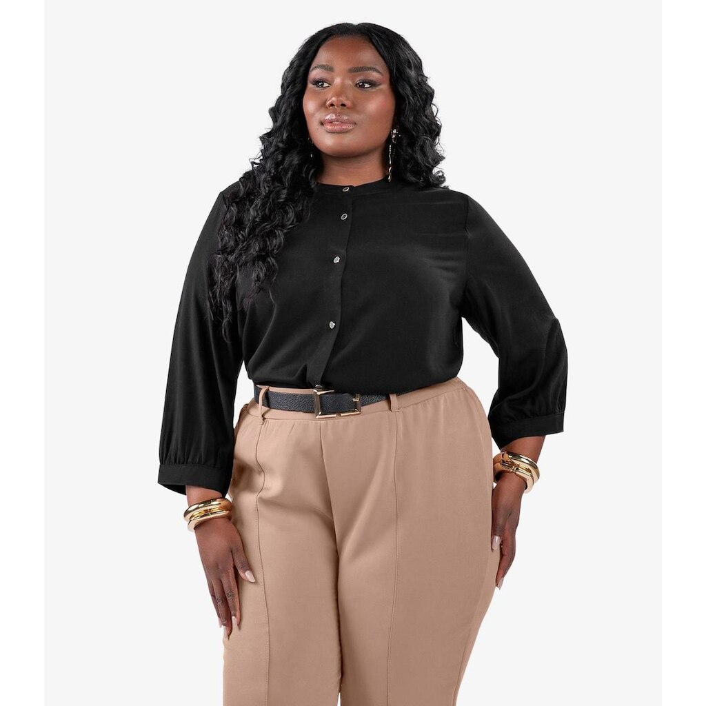 Camisa Manga 3/4 Gola Padre Plus Size Secret Glam Preto
