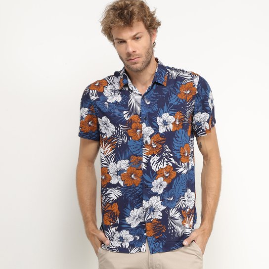 Camisa Manga Curta Broken Rules Floral Masculina - Marinho