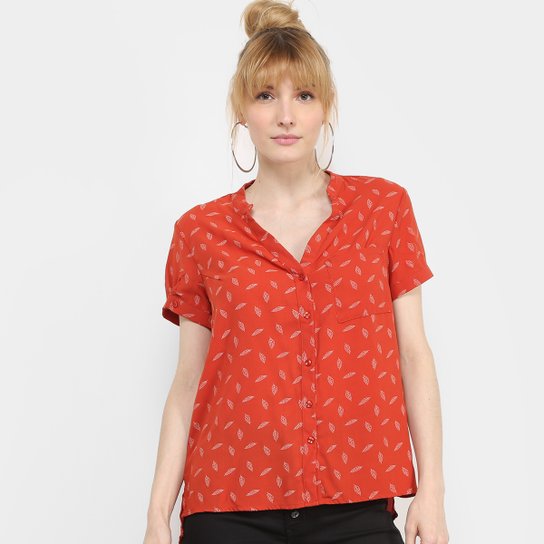 Camisa Manga Curta Facinelli Folhagem Feminina - Caramelo