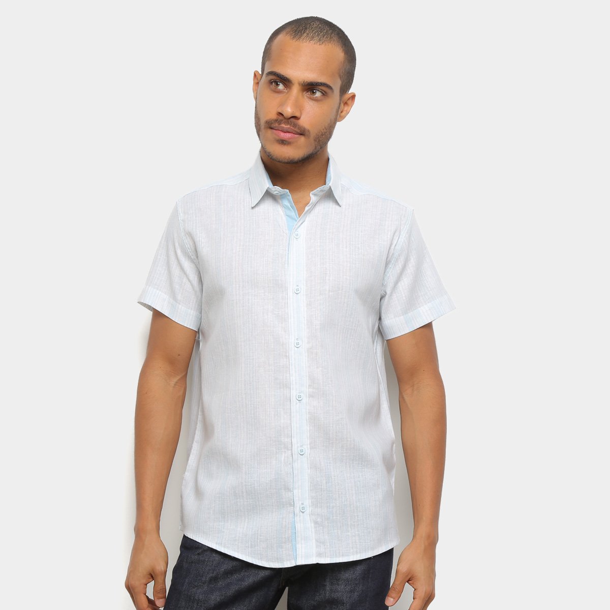 Camisa Manga Curta Milano Listrada Masculina - Azul Menor preço em Camisa Manga Curta Milano Listrada Masculina - Azul