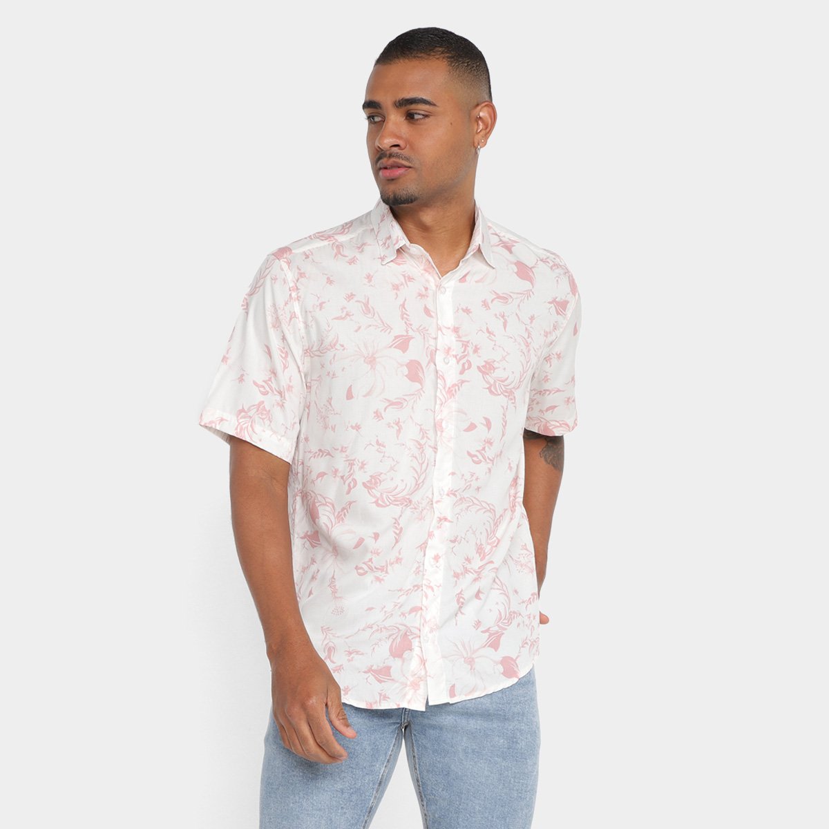 Camisa Manga Curta Milano Viscose Masculina - Branco+Rosa Menor preço em Camisa Manga Curta Milano Viscose Masculina - Branco+Rosa