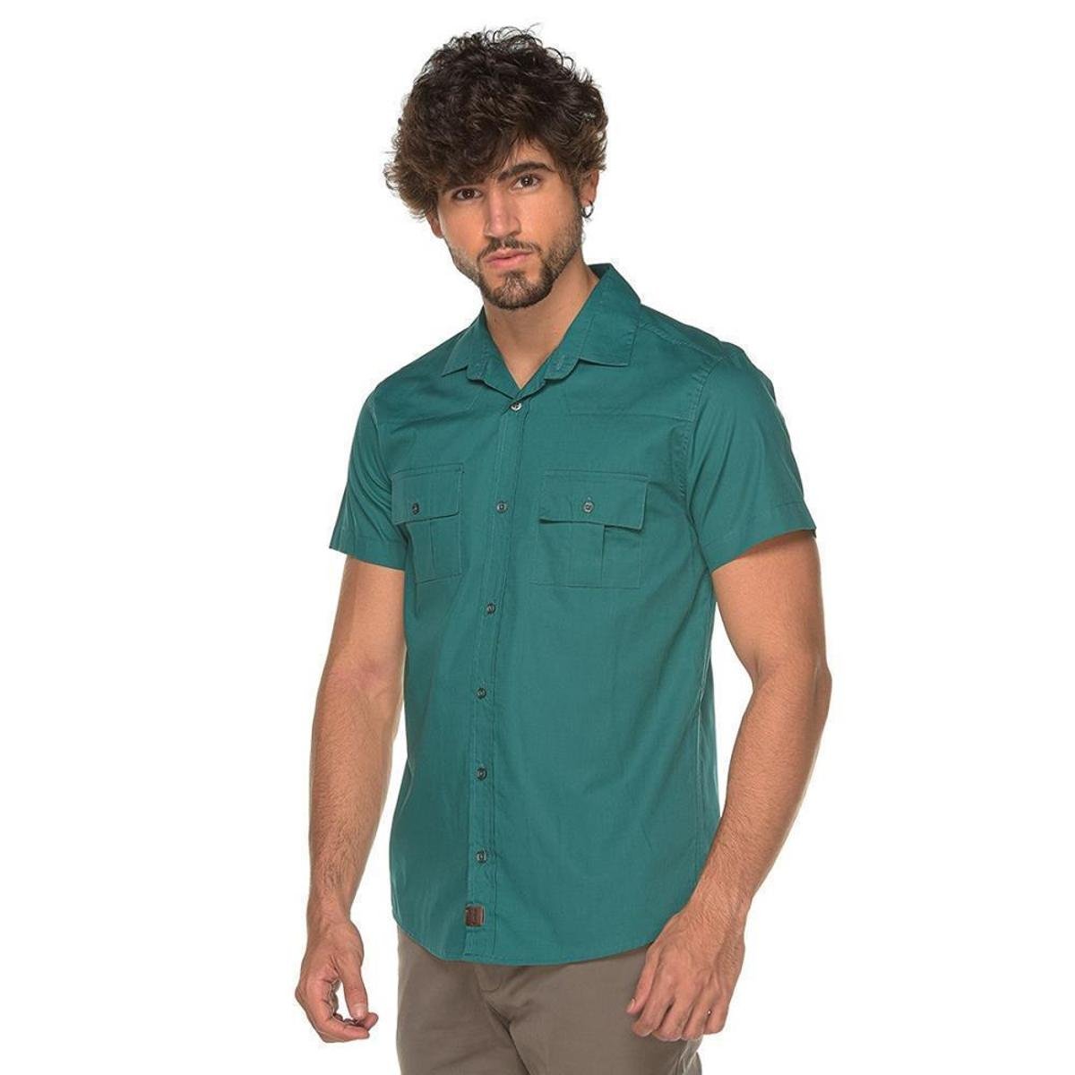Camisa Manga Curta Slim Masculina Bolso Algodão Lisa Moderna Menor preço em Camisa Manga Curta Slim Masculina Bolso Algodão Lisa Moderna