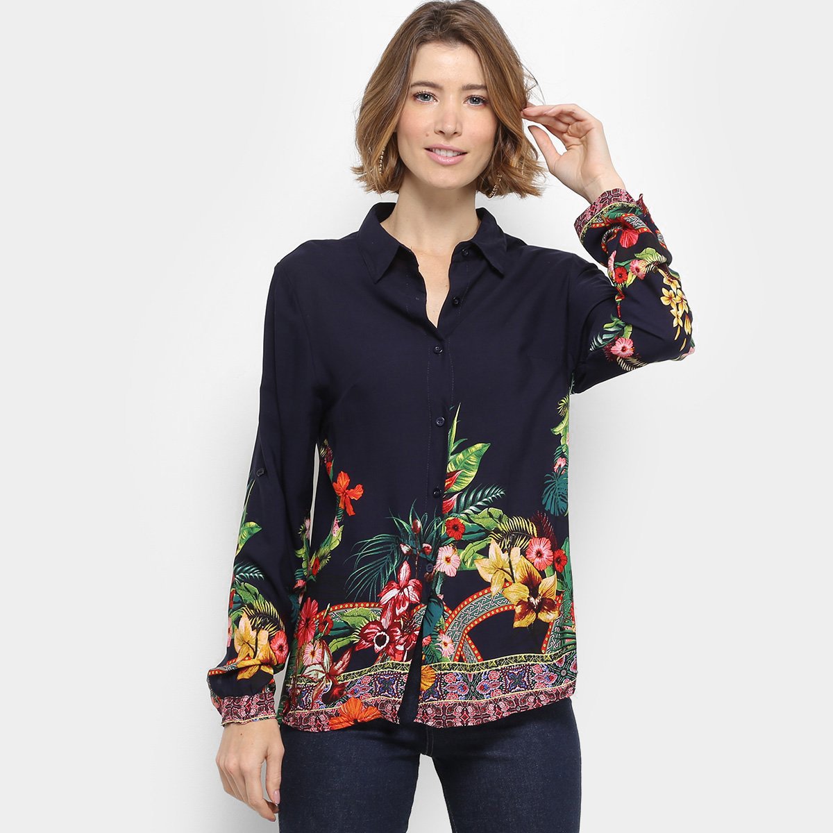 Camisa Manga Longa C & V Collection Barra Floral Feminina - Marinho é ruim? Camisa Manga Longa C & V Collection Barra Floral Feminina - Marinho é boa?