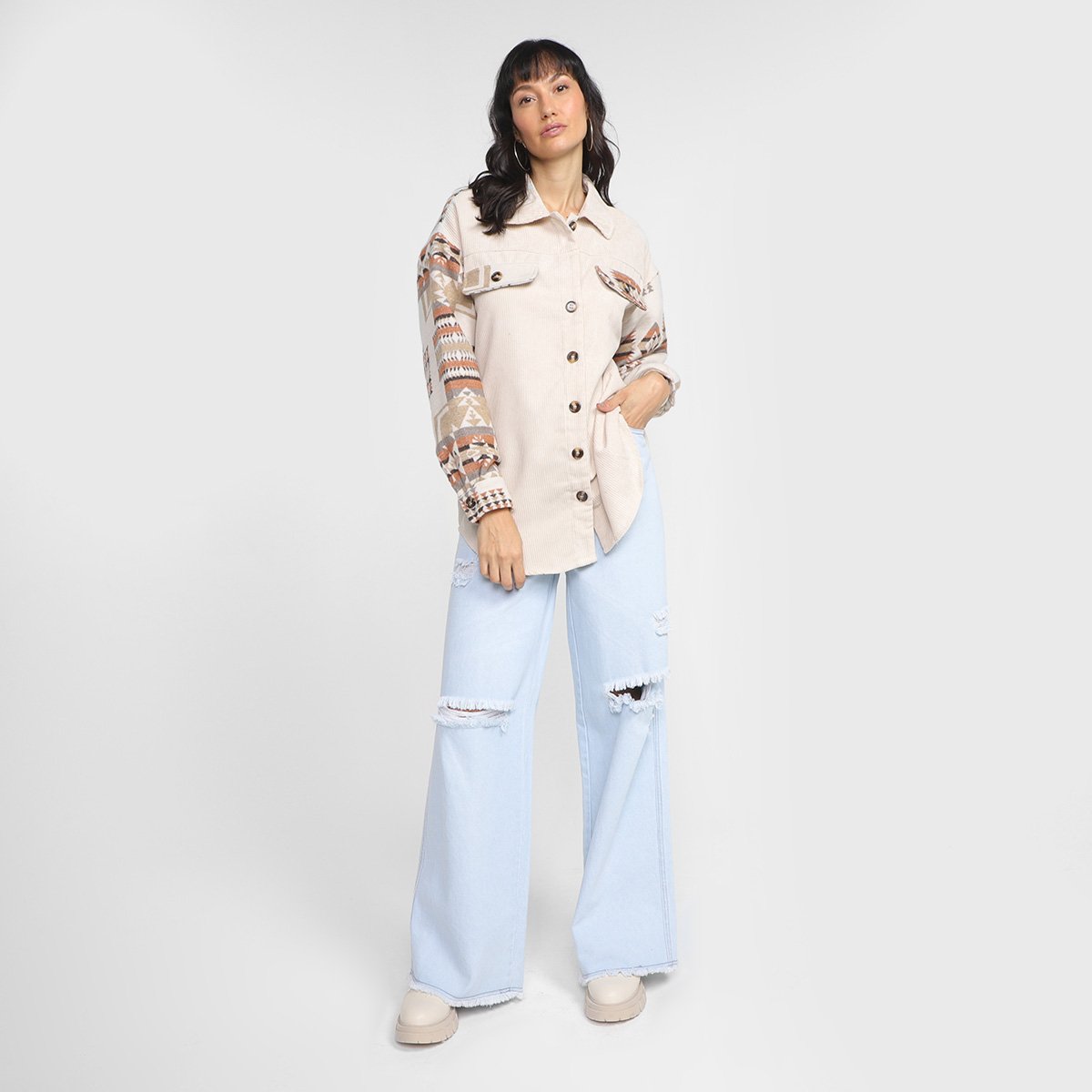 Camisa Manga Longa Eagle Rock Veludo Cotel Feminina Bege Zattini