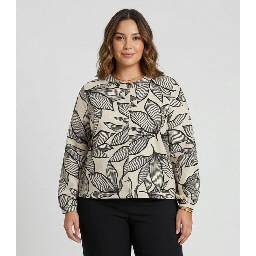 Camisa Manga Longa Estampada Plus Size Secret Glam Bege