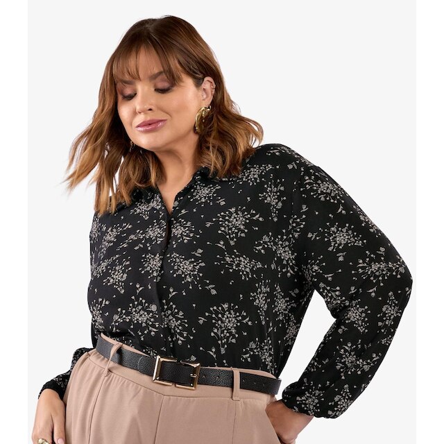 Camisa Manga Longa Estampada Plus Size Secret Glam Preto