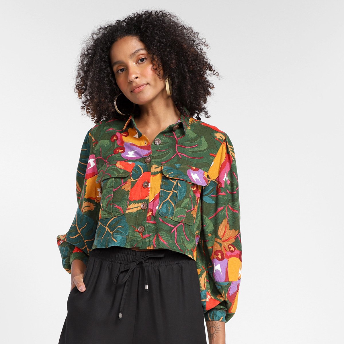 Camisa Manga Longa Farm Cajus Coloridos Feminina - Verde Menor preço em Camisa Manga Longa Farm Cajus Coloridos Feminina - Verde