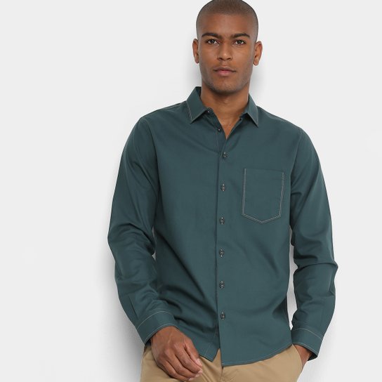 Camisa Manga Longa Forum Slim Fit Bolso Masculina - Verde escuro