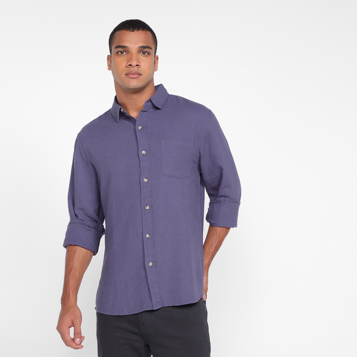 Camisa Manga Longa Hering Lisa Masculina - Azul Menor preço em Camisa Manga Longa Hering Lisa Masculina - Azul