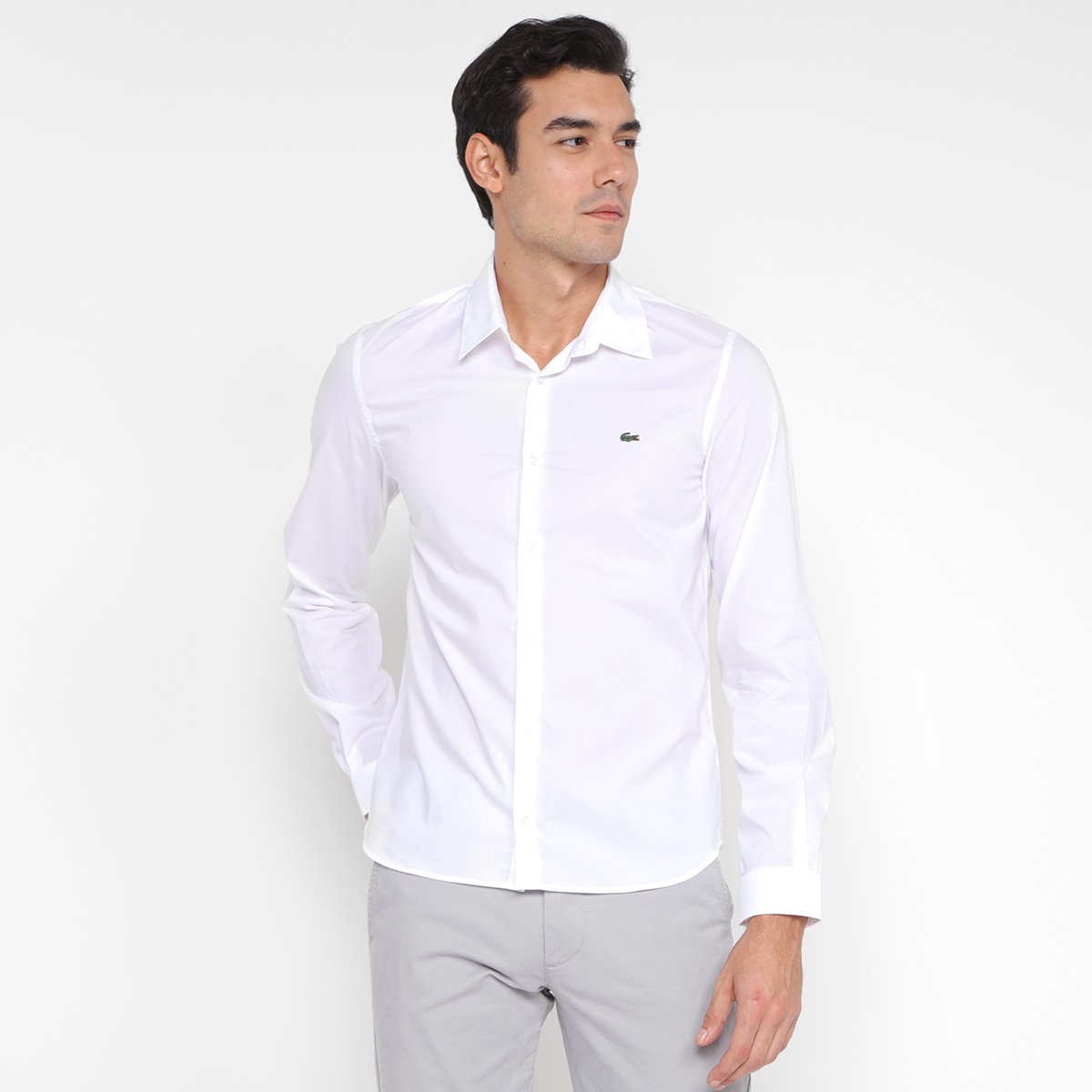 Camisa Manga Longa Lacoste Lisa Masculina - Branco Menor preço em Camisa Manga Longa Lacoste Lisa Masculina - Branco