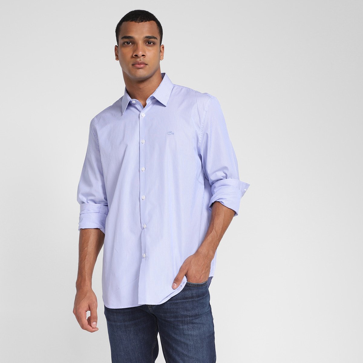 Camisa Manga Longa Lacoste Listrada Masculina - Branco+Azul Claro Menor preço em Camisa Manga Longa Lacoste Listrada Masculina - Branco+Azul Claro