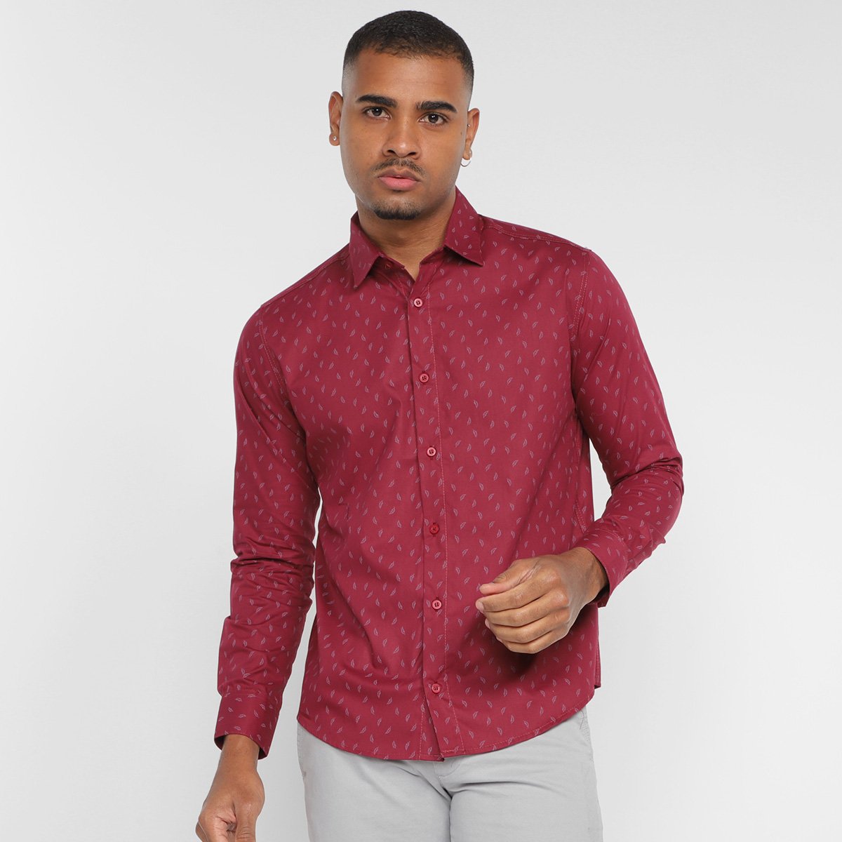 Camisa Manga Longa Milano Tricoline Estampada Masculina - Vermelho Menor preço em Camisa Manga Longa Milano Tricoline Estampada Masculina - Vermelho