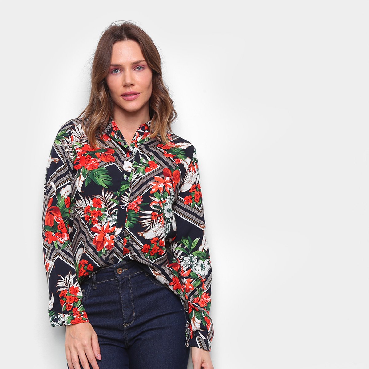 Camisa Manga Longa MS Fashion Floral Feminina - Marinho Menor preço em Camisa Manga Longa MS Fashion Floral Feminina - Marinho