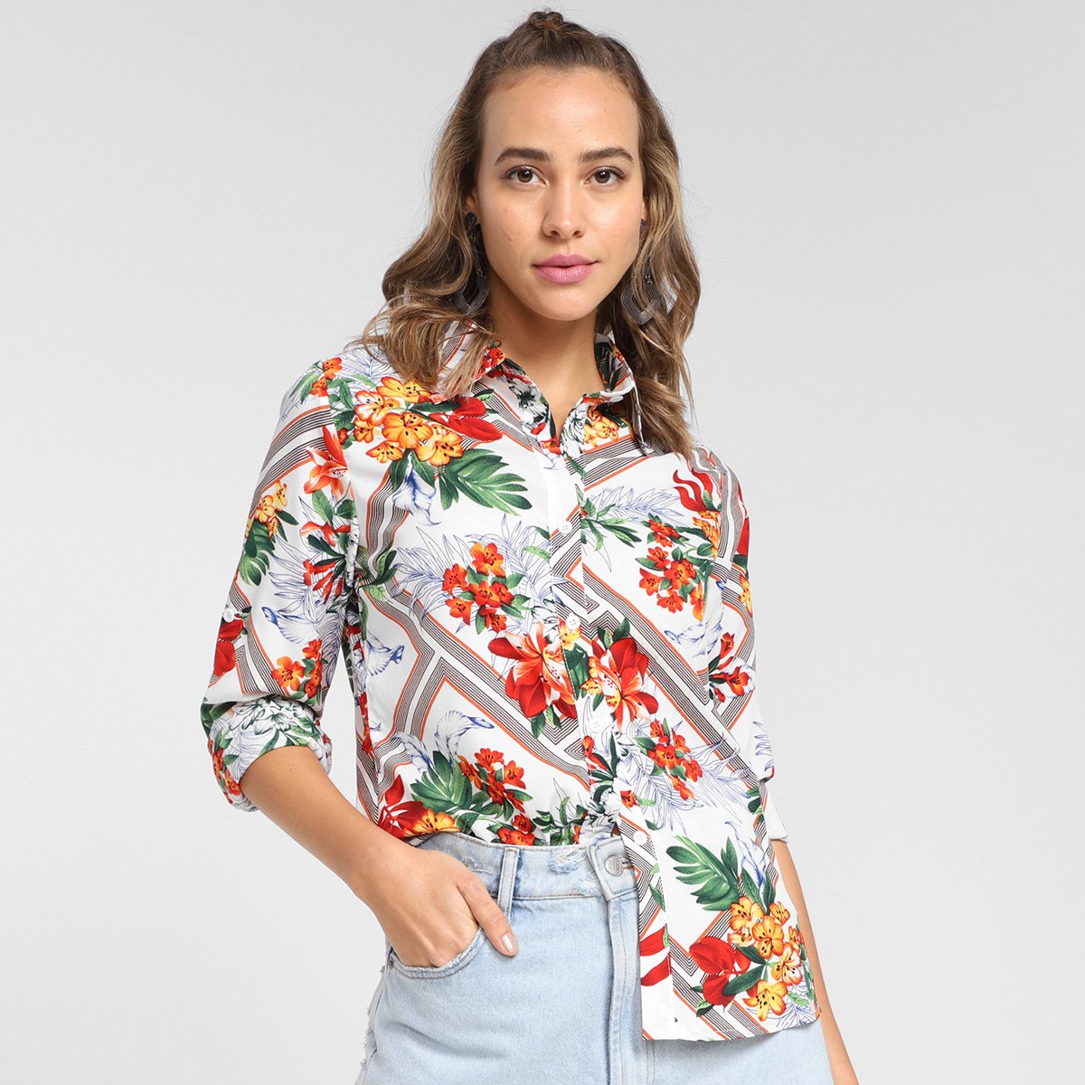 Camisa Manga Longa MS Fashion Floral Feminina - Branco Menor preço em Camisa Manga Longa MS Fashion Floral Feminina - Branco