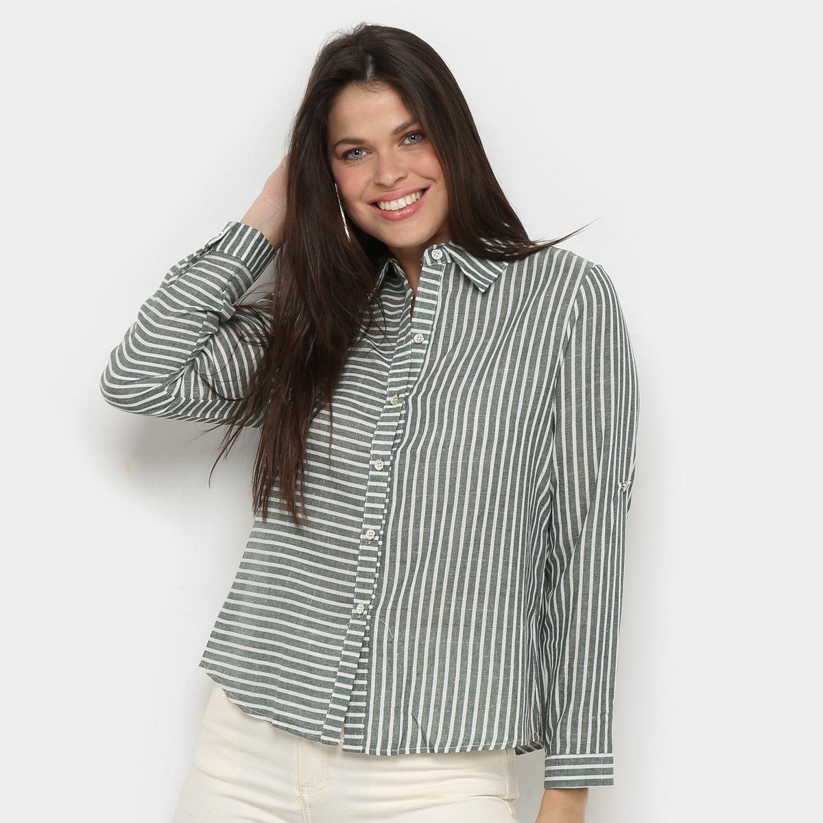 Camisa Manga Longa MS Fashion Listrada Feminina - Verde Menor preço em Camisa Manga Longa MS Fashion Listrada Feminina - Verde