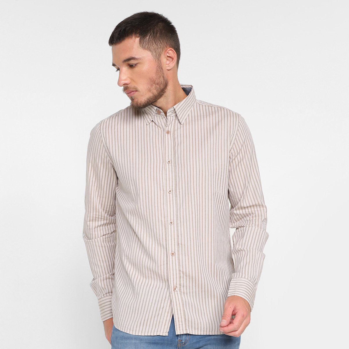 Camisa Manga Longa Pacific Blue Listrada Masculina - Cáqui Menor preço em Camisa Manga Longa Pacific Blue Listrada Masculina - Cáqui