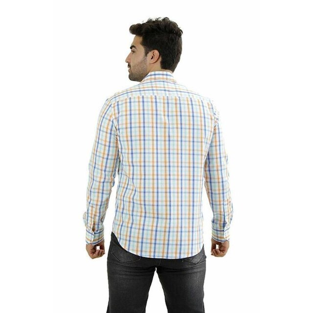 Camisa Masc. Ixória Manga L. Slim Fit Xadrez Laranja/Br/Azul
