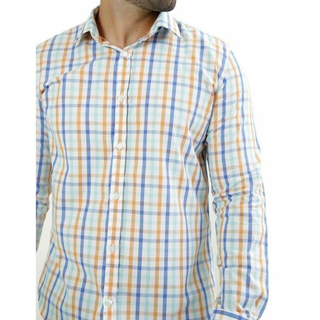 Camisa Masc. Ixória Manga L. Slim Fit Xadrez Laranja/Br/Azul