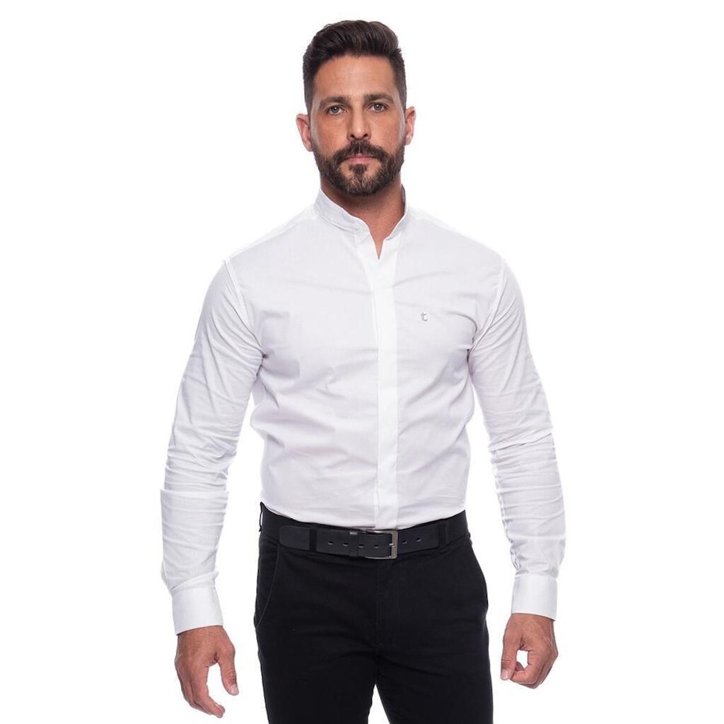 Camisa Masculina Acetinada Gola Padre Manga Longa Elastano