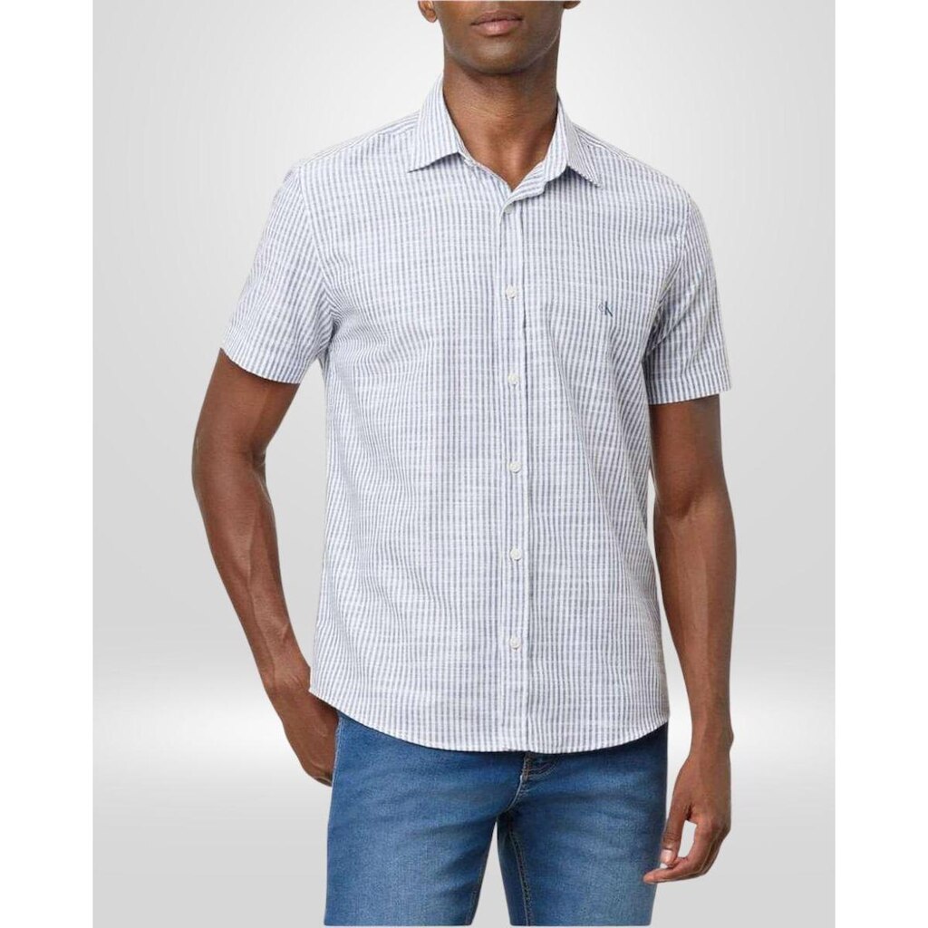 Camisa Masculina Calvin Klein Jeans Flamê Listras Azul Índigo