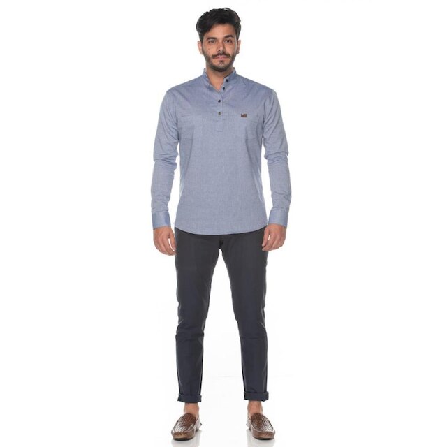 Camisa Masculina Casual Manga Longa Botões Jeans