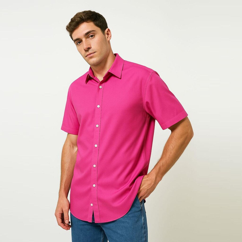 Camisa Masculina De Botão Manga Curta Rosa Pink Casual